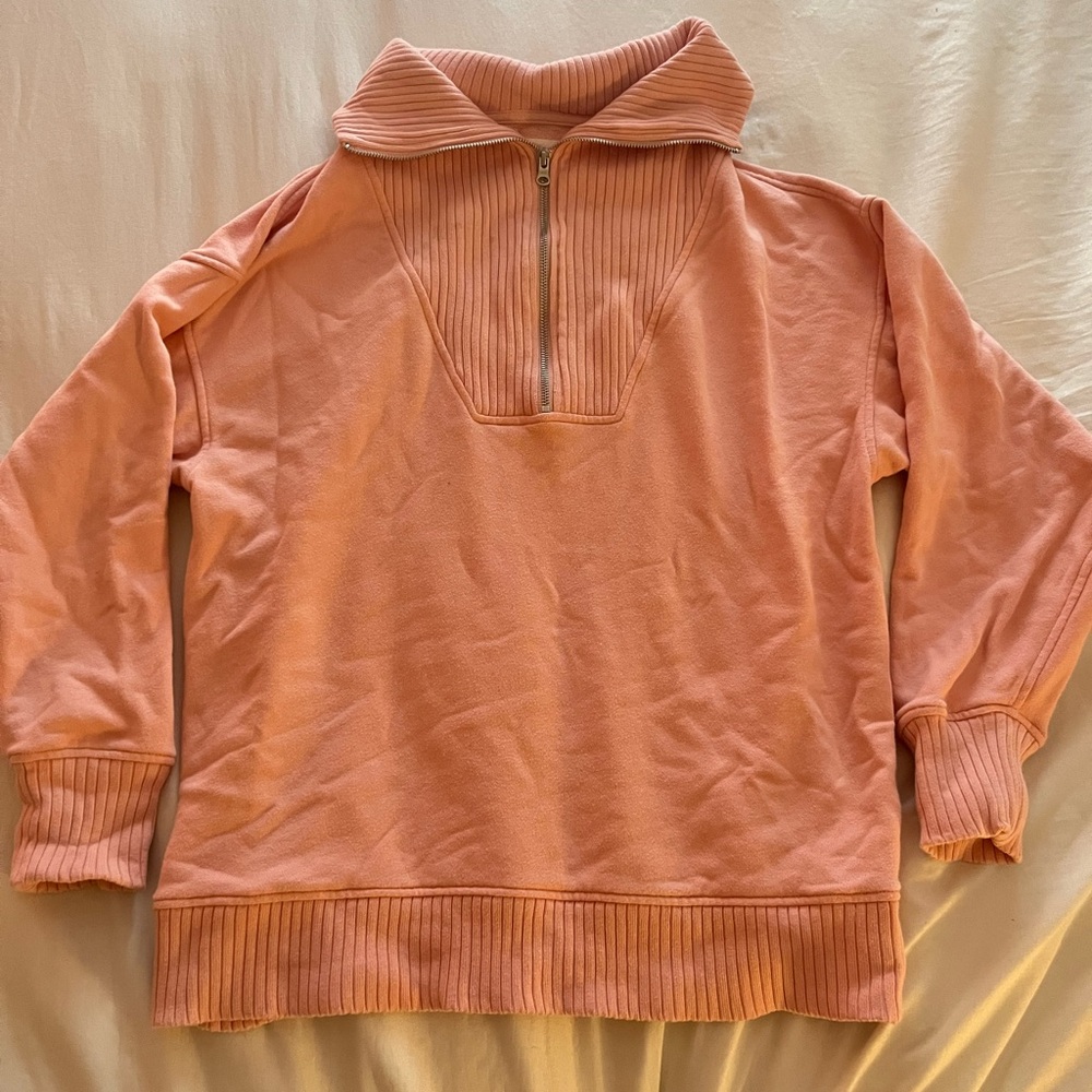Aerie Pink Zip Up Sweater with Ribbed Knit